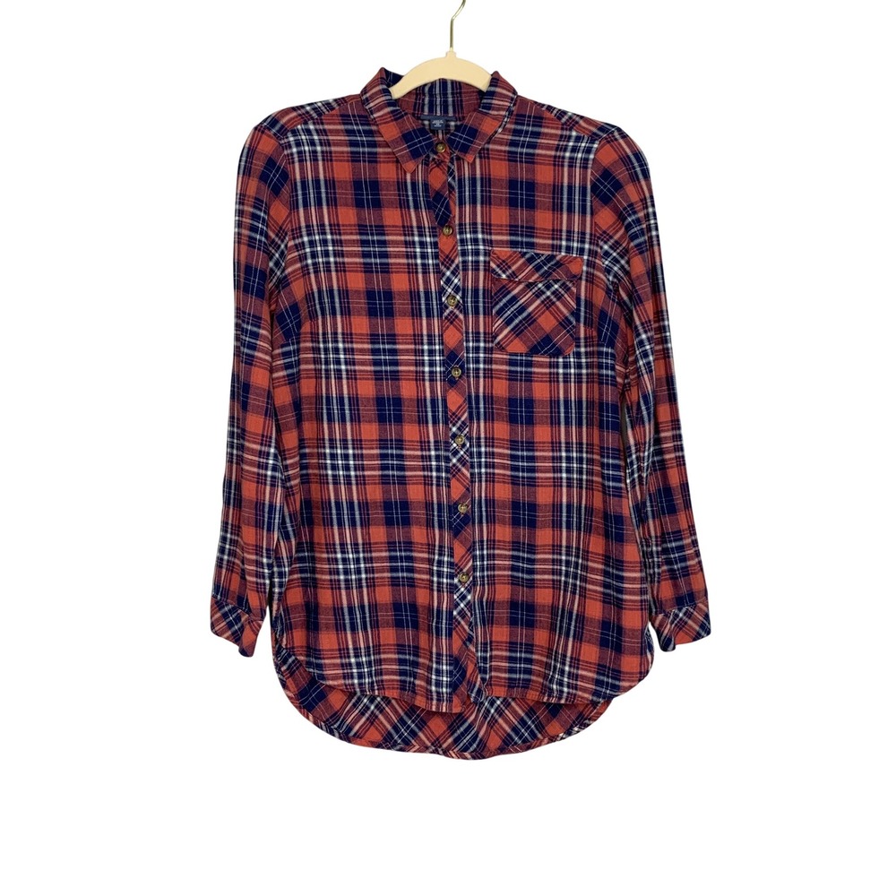 J‎ Jill Denim Women Petite Plaid Button Down Long Sleeve Shirt red Navy XSP